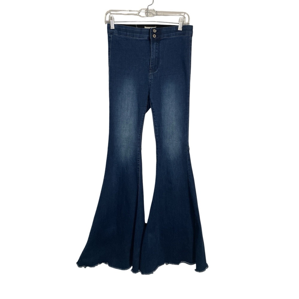 Umgee Dark Wash High Rise Bell Bottom Flare Jeans Raw Hem Boho Blue Womens S